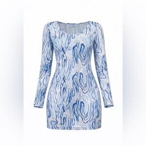 Marble-Print Long Sleeve Scoop Neck Swimsuit Coverup